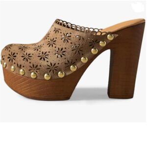 FOWT Tan Studded Round Toe Floral Cut Out Platform Mules Sandals